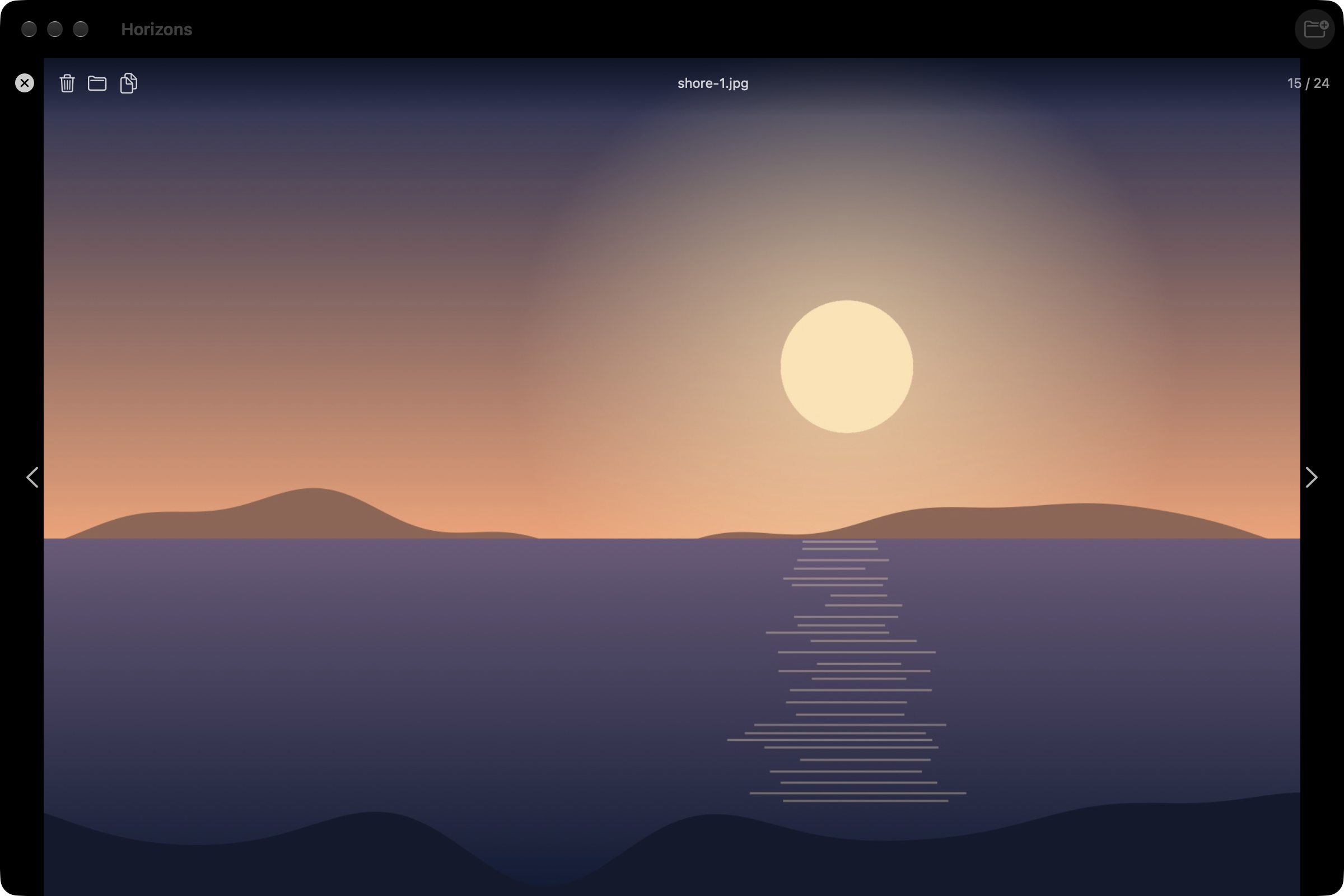 The detail view: one seascape fills the window, with its file name and its position, 15 of 24