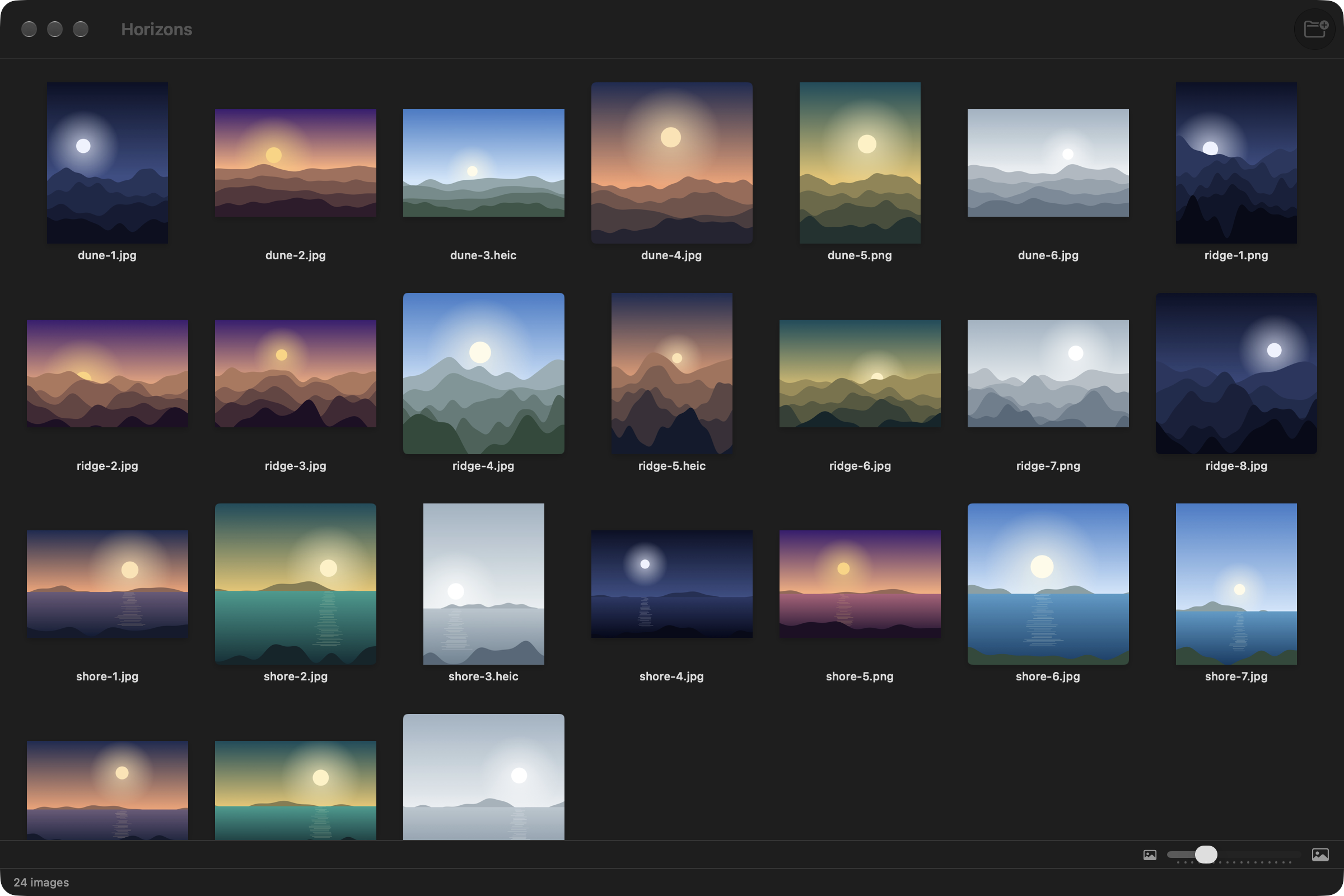 Planche showing a folder of 24 pictures of shores, ridges and dunes as a grid of thumbnails, each with its file name
