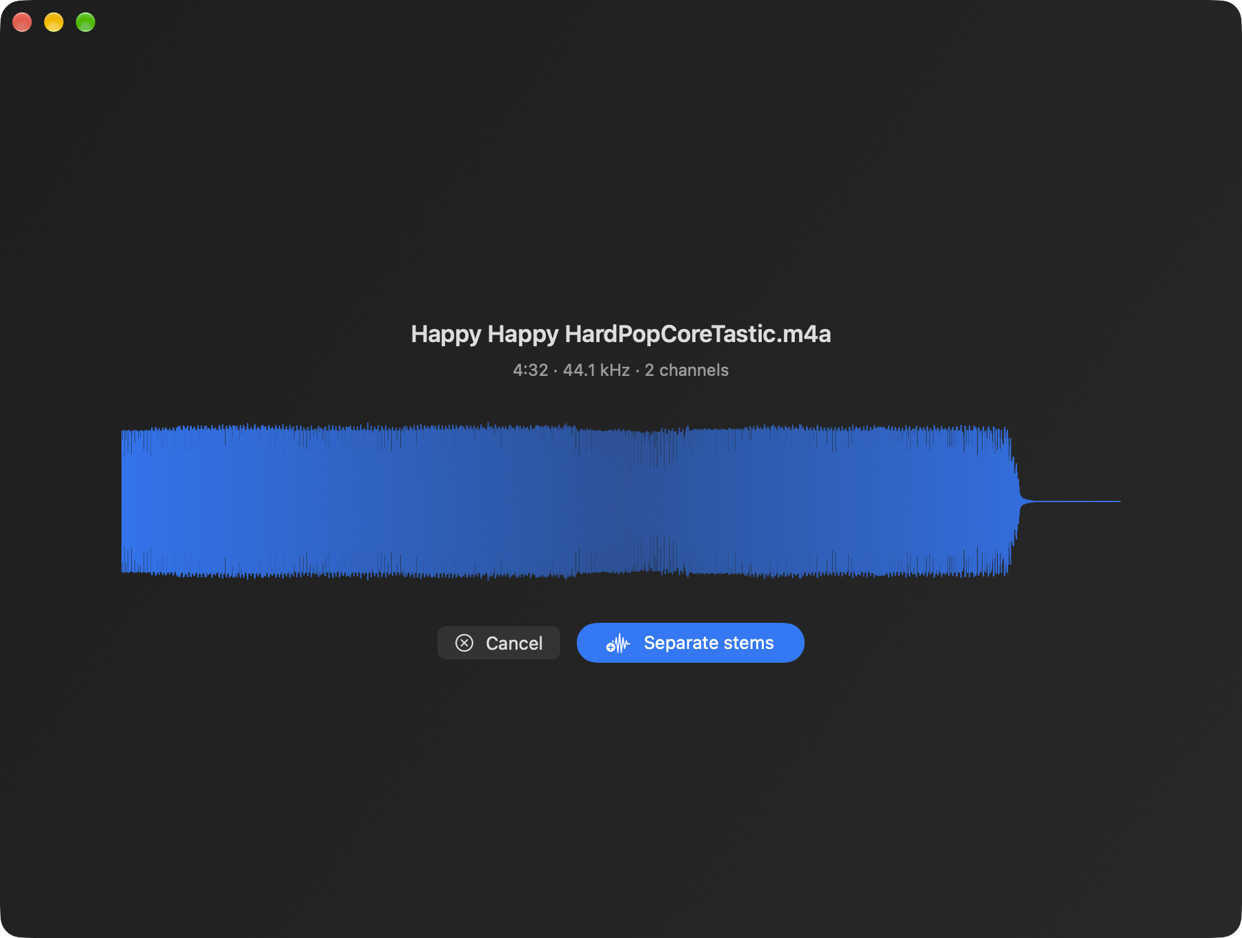A song loaded and not yet separated: its name, 4:32 · 44.1 kHz · 2 channels, its waveform, and the buttons Cancel and Separate stems