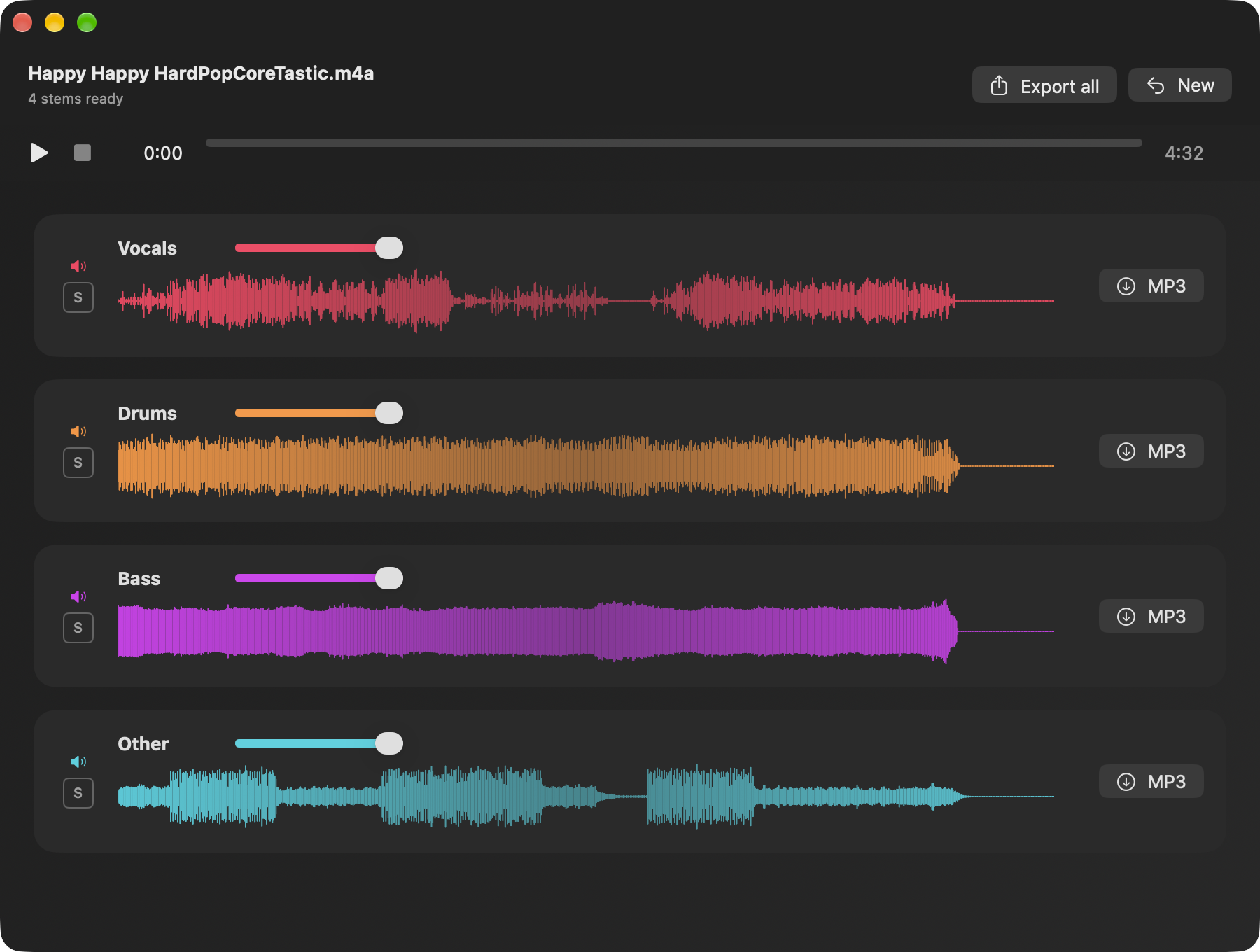 Quatuor after separating a 4:32 song: four rows, Vocals, Drums, Bass and Other, each with its waveform, volume, mute, solo and MP3 export