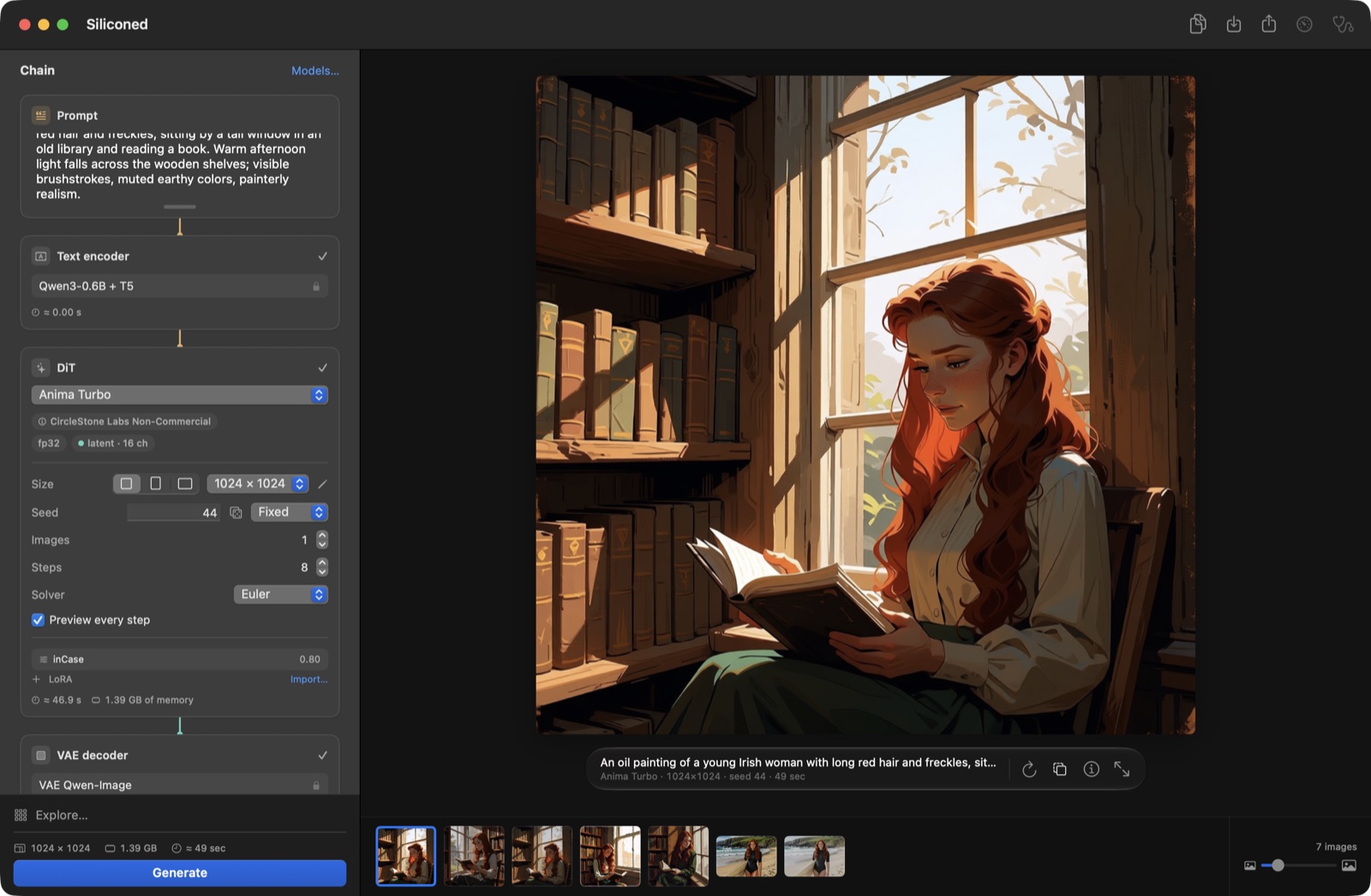 The Siliconed window with Anima Turbo and the inCase LoRA at 0.80 in the rack, and in the canvas a painted illustration of a young red-haired Irish woman reading a book by a tall library window
