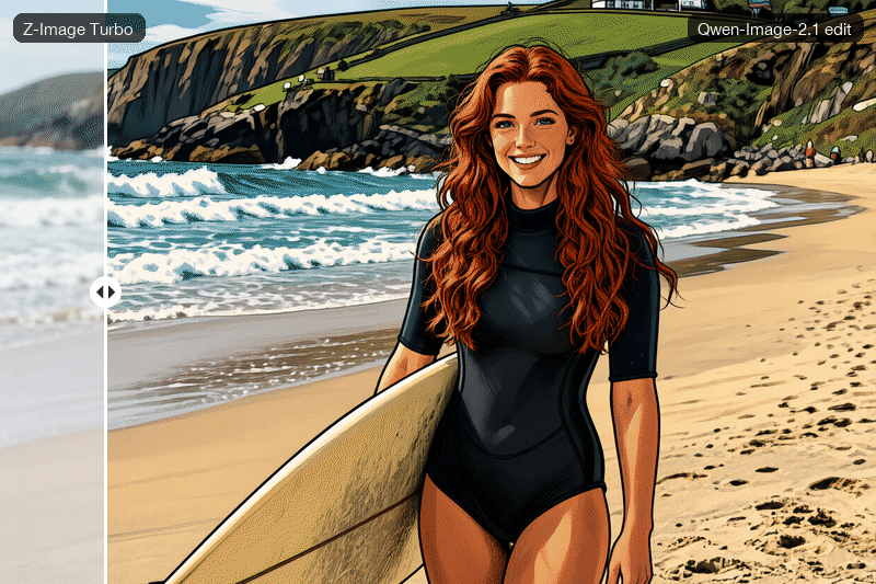 A summer photo made with Z-Image Turbo — a red-haired Irish woman smiling on a beach in the west of Ireland, her surfboard under her arm, in a shorty wetsuit — and its cel-shaded comic-book edit by Qwen-Image-2.1, under a sliding curtain