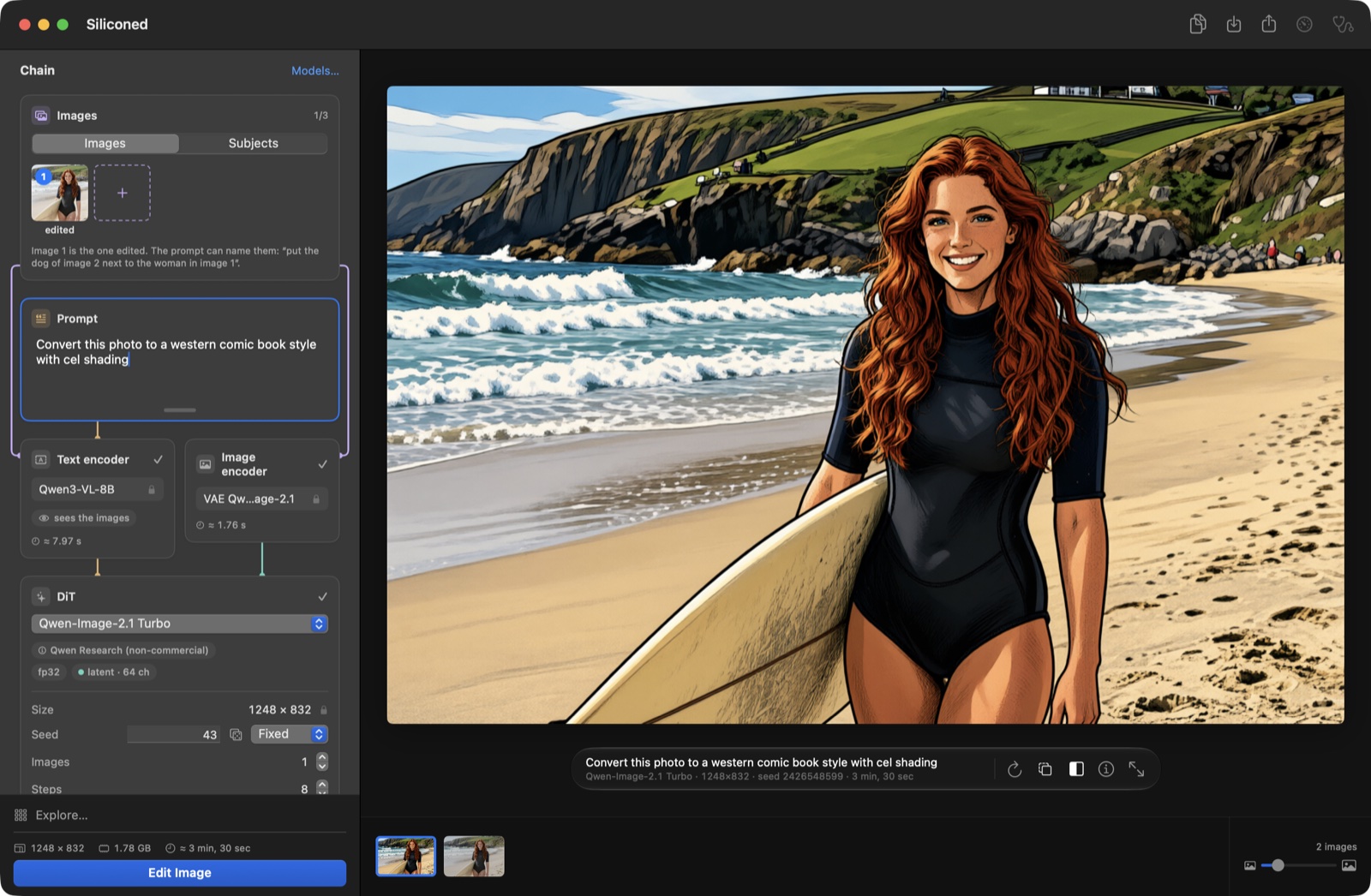 An edit by Qwen-Image-2.1: the photo of the Irish surfer turned into a cel-shaded western comic book drawing