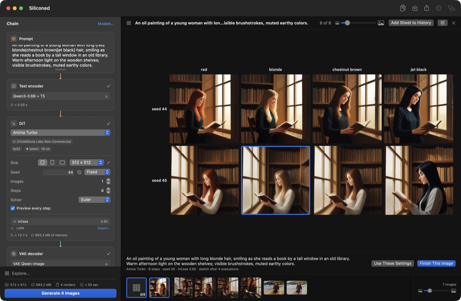 An exploration with Anima Turbo and the inCase LoRA: four hair colors by two seeds, a woman reading by a library window