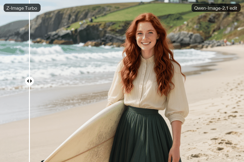 Under a sliding curtain, the red-haired surfer in a shorty on the beach and the same woman in the cream blouse and long green skirt of the reader from the Anima painting, edited by Qwen-Image-2.1 from two images