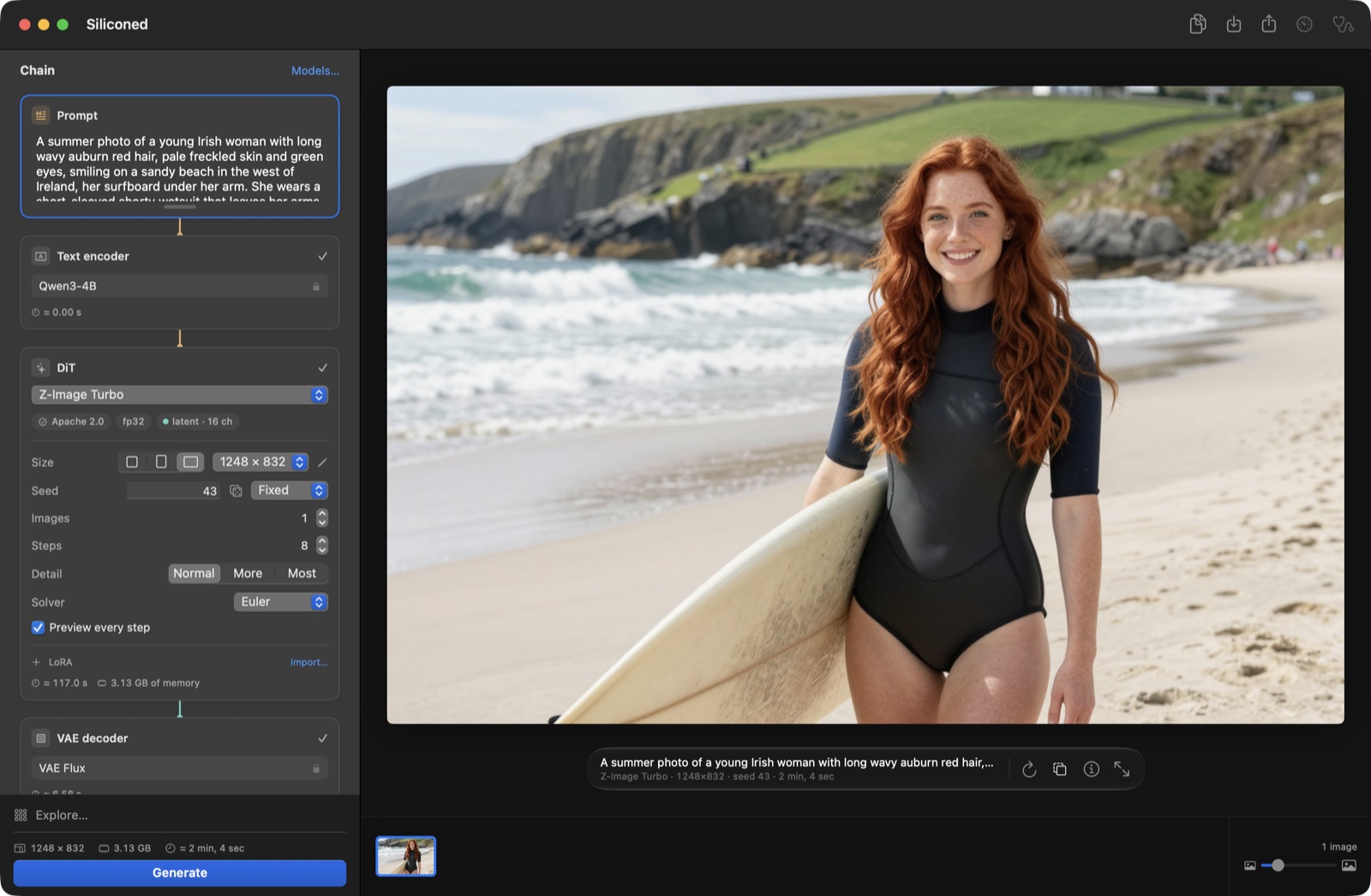 The Siliconed window: the rack of stages on the left, a Z-Image Turbo image of a red-haired Irish woman on a beach, her surfboard under her arm, on the right
